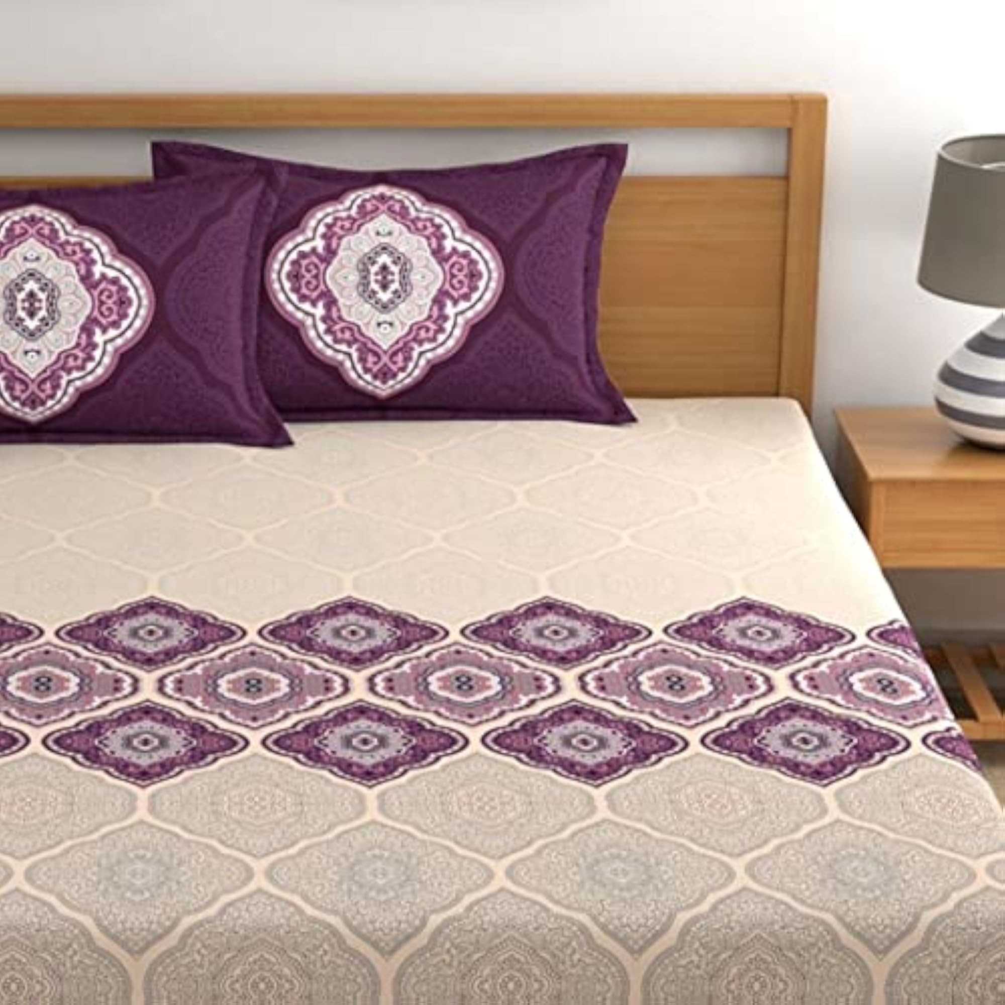 140 TC 100% Cotton Double Printed Bedsheet, 2 Pillow Covers, Purple